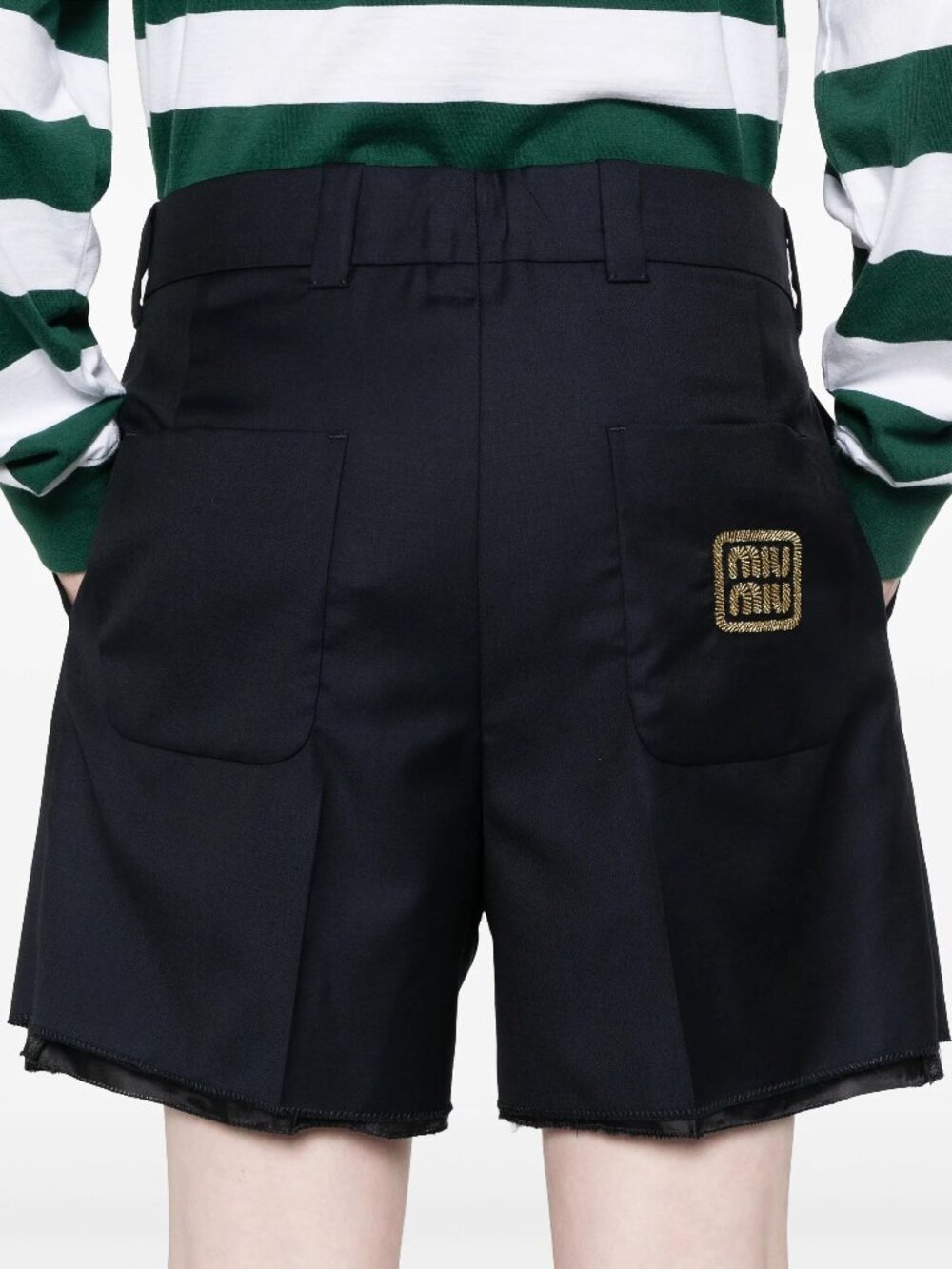 MIU MIU Navy Blue Wool Gold Logo Embroidery Bermuda Low Waist Shorts 38 / 2